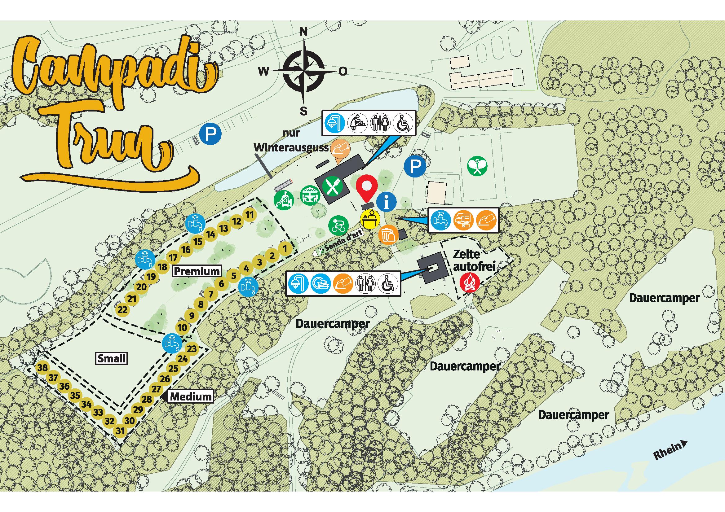 Situationsplan Camping Trun 2025 — Premium (1–22), Medium (23–31), Small (32–38), Zelte autofrei, Dauercamper, Sanitär, Restaurant, Empfang. Direkt am Vorderrhein.